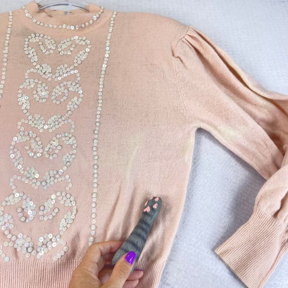 Vintage HORCHOW Womens M Pink Sequined Heart Wool Angora Puff Sleeve Sweater - Picture 6 of 14